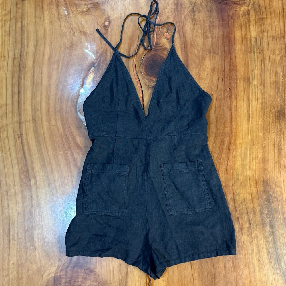 Free People Does it Black Women's Romper 2 Halter Linen V-neck Belted FF10
